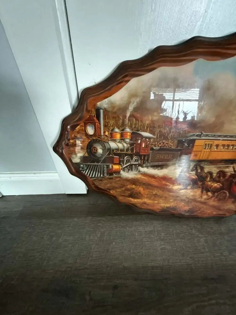 Western Arrowhead Shaped Wooden Wall Clock w/Steam Train & Horse Carriage Scene